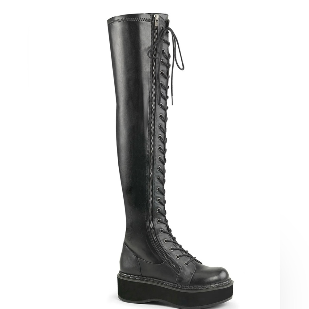 Demonia Black thigh-high Lace-Up Platform Boots